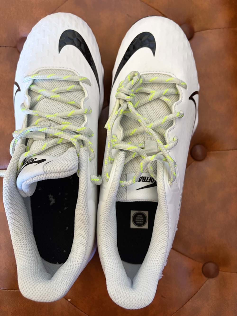 Nike White Athletic Shoes with Black Swoosh and Neon Yellow Laces